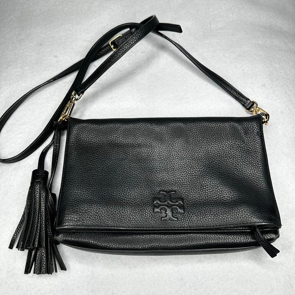 Tory Burch Thea Fold Over Flap Crossbody Bag Purse Pebbled Black Leather Tassels